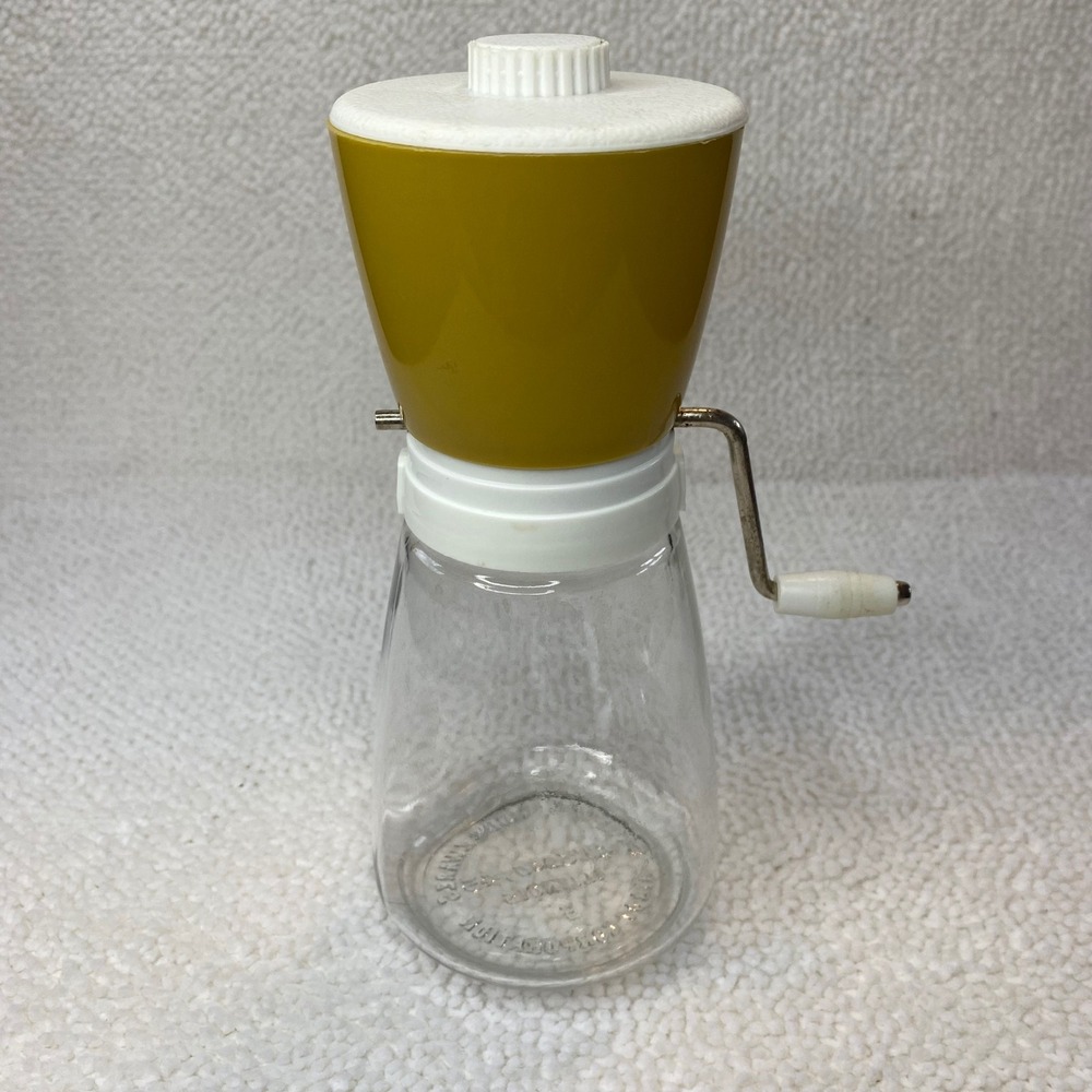 Vintage Federal Housewares Nut Chopper Mustard Yellow Gold Glass Jar Nibot Corp